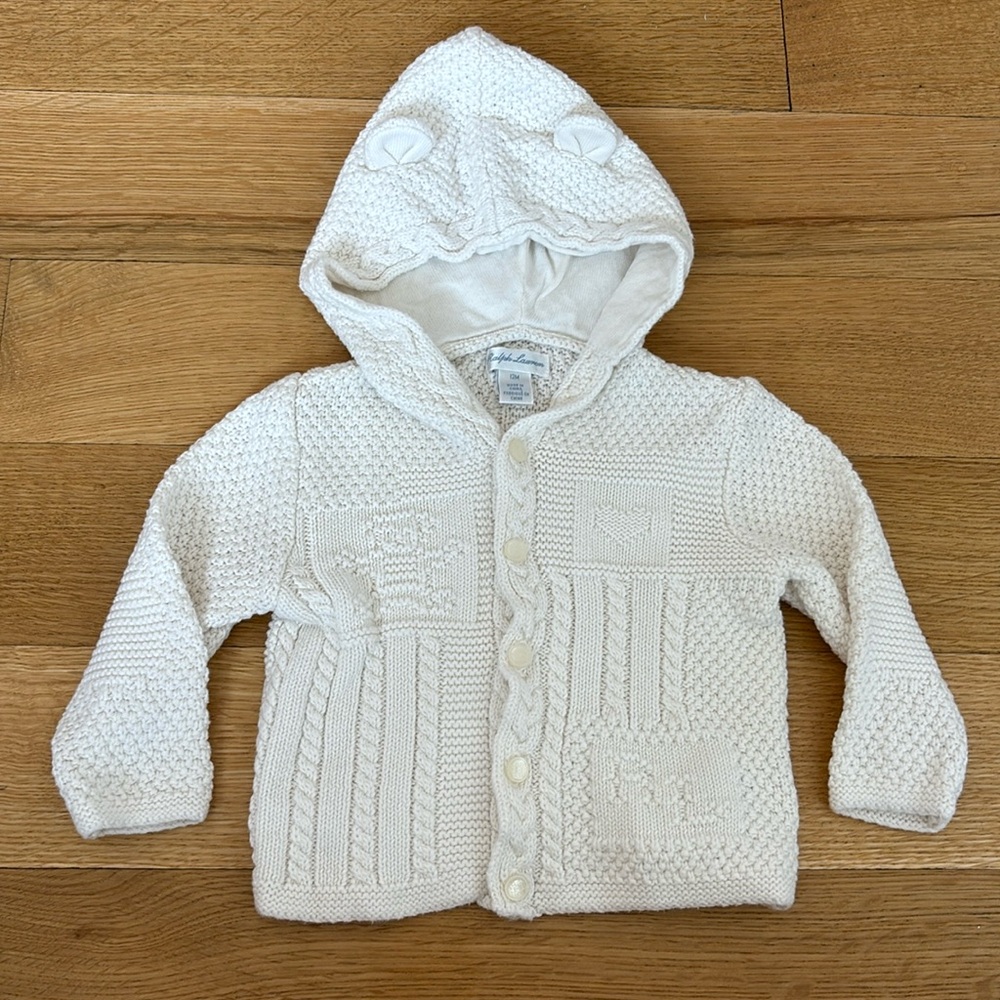 Ralph Lauren Cream Knit Hooded Baby Cardigan